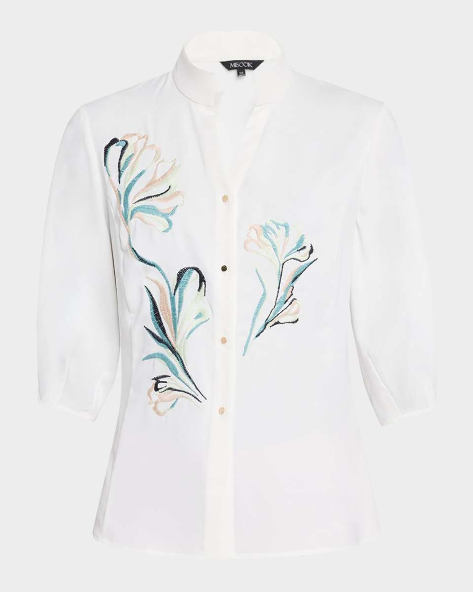 Floral-Embroidered Crepe De Chine Blous
